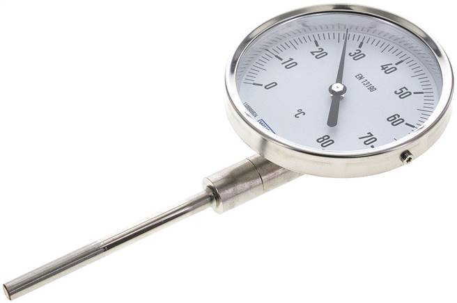 Bimetallthermometer, senkrecht D100/0 bis +80°C/100mm, Edelstahl