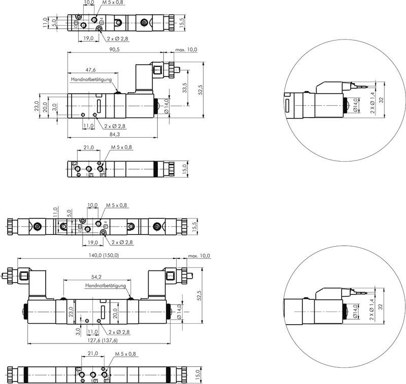 5/3-Wege Magnetventil, M 5, Mittelstellung belüftet, 230 V AC