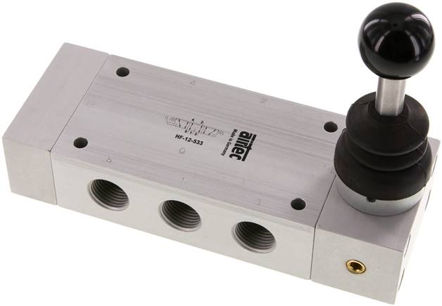 5/3-Wege Handhebelventil, Mittelstellung entlüftet, Federrückstellung, G 1/2"