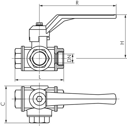 3-Wege Kugelhahn, Messing, T-Bohrung, G 1/4", -0,9 bis 55bar