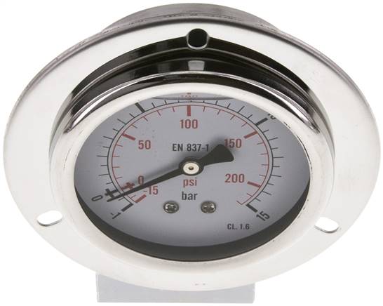 Glycerin-Einbaumanometer,Frontring, 63mm, -1 bis 15 bar -Eco-Line