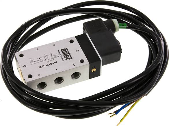 5/2-Wege Magnetventil, G 1/4", Luftfeder, 24 V= (ATEX), mit 3m Kabel