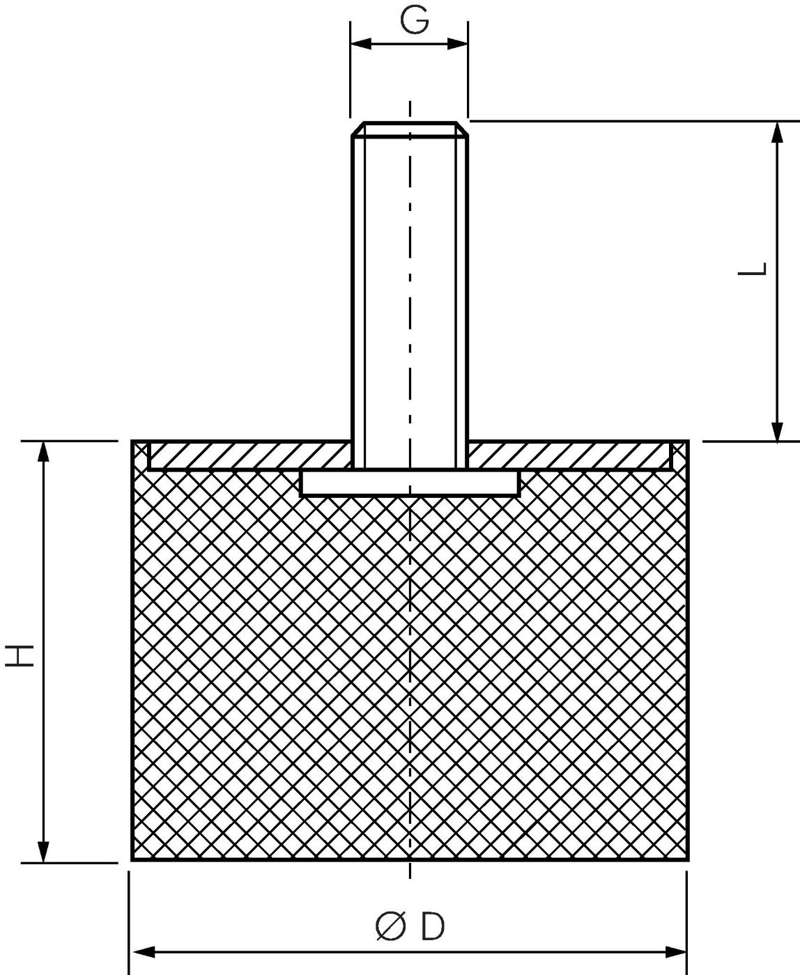 Gummi-Metall-Puffer (Typ D) 40x40mm, M 8 (AG) / Gummi, Stahl verzinkt