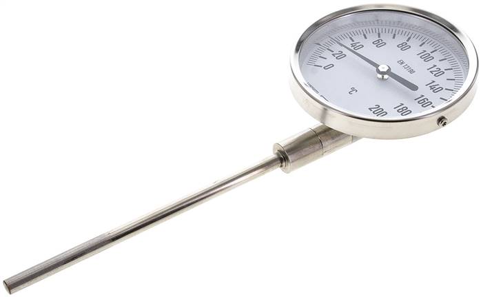 Bimetallthermometer, senkrecht D100/0 bis +200°C/160mm, Edelstahl
