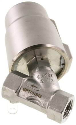 Schrägsitzventil 1.4408, G 1/2", geschlossen, gegen Mediumstrom schließend / FKM