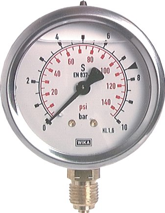 Glycerin-Manometer senkrecht (CrNi/Ms), 63mm, 0 - 10 bar, NPT
