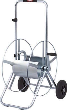 Fahrbarer Profi-Schlauchwagen aus galvanisch verzinktem Stahlrohr mit Vollgummirädern und Haspelbloc