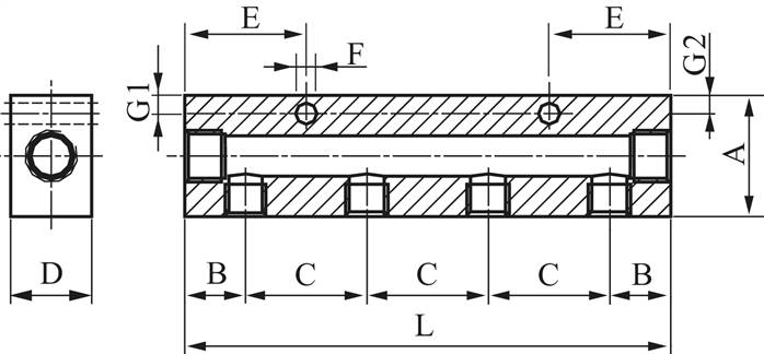 Verteilerleiste 2 x G 1/8"-4 x M 5, Aluminium eloxiert