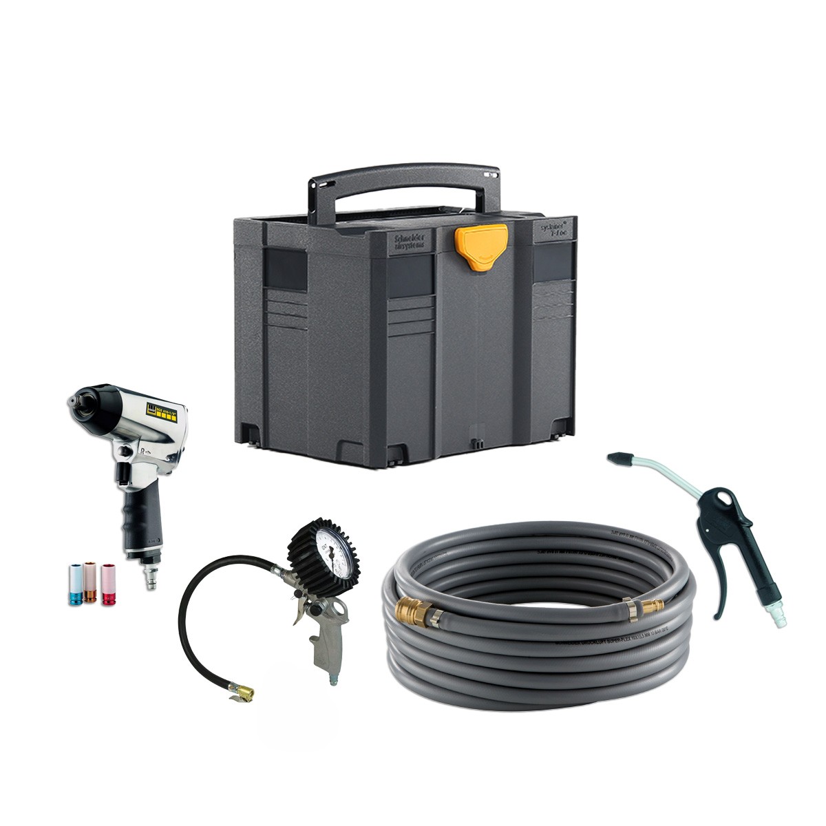 OFFERTA Set di systainer per auto con systainer SYS 4 TL, avvitatore a impulsi Schneider da 1/2", bussole, gonfiatore per pneumatici calibrato, tubo e pistola di soffiaggio