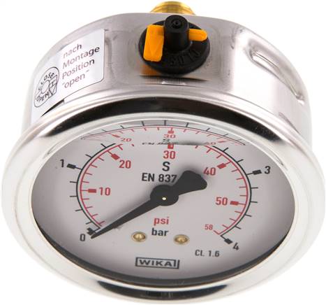 Glycerin-Manometer waagerecht (CrNi/Ms),63mm, 0 - 4bar