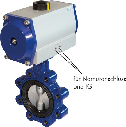 Pneum. Anflanschklappe DN100-PN25 (DIN/EN) GGG40/Edelstahl/NBR,  Feder-schließend
