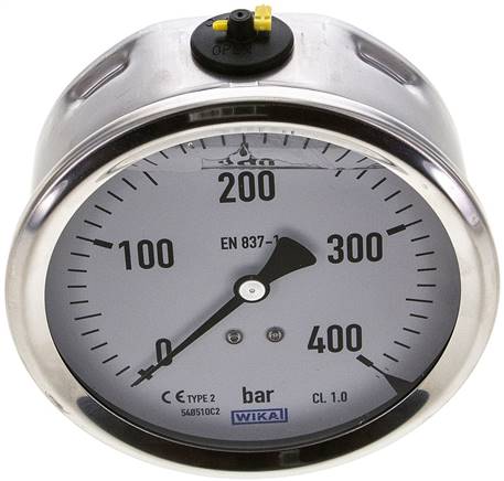 Glycerin-Manometer waagerecht (CrNi/Ms),100mm, 0 - 400bar