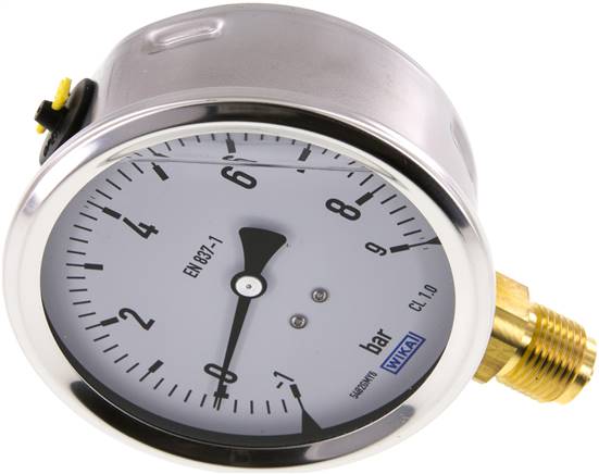 Glycerin-Manometer senkrecht (CrNi/Ms),100mm, -1 bis 9 bar