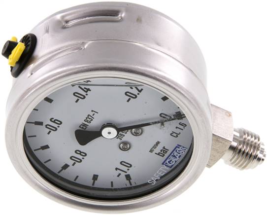 Chemie-Glycerin-Manometer senkrecht, 63mm, -1 bis 0 bar