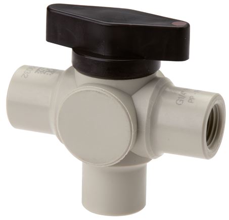 3-Wege Kugelhahn, Polypropylen, G 1/4", PN 10, L-Bohrung (vertikal)