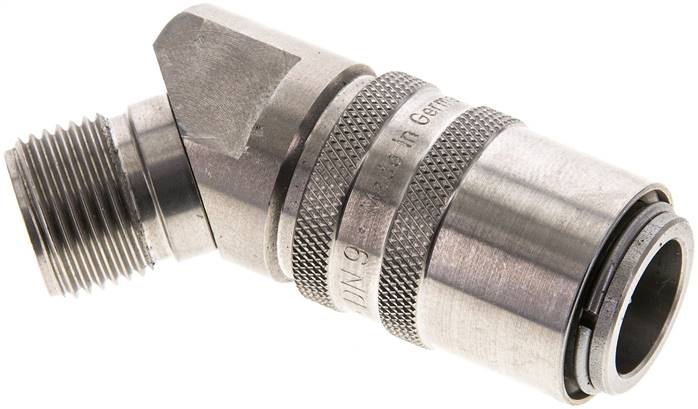 45°-Temperier-Schnellkupplung 13mm Zapfen,G 3/8"(AG), Edelstahl 1.4305, für Stecker beidseitig absperrend