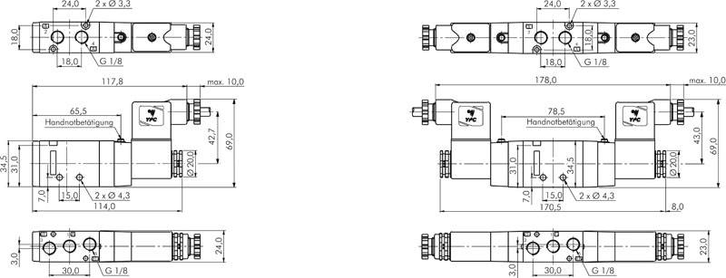 5/2-Wege Magnetventil, G 1/8", Federrückstellung, 230 V AC, Norm-Stecker Grösse 1