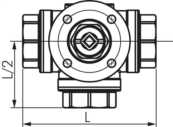 3-Wege-Kugelhahn, Direktmontageflansch G 1-1/4", L-Bohrung, Messing
