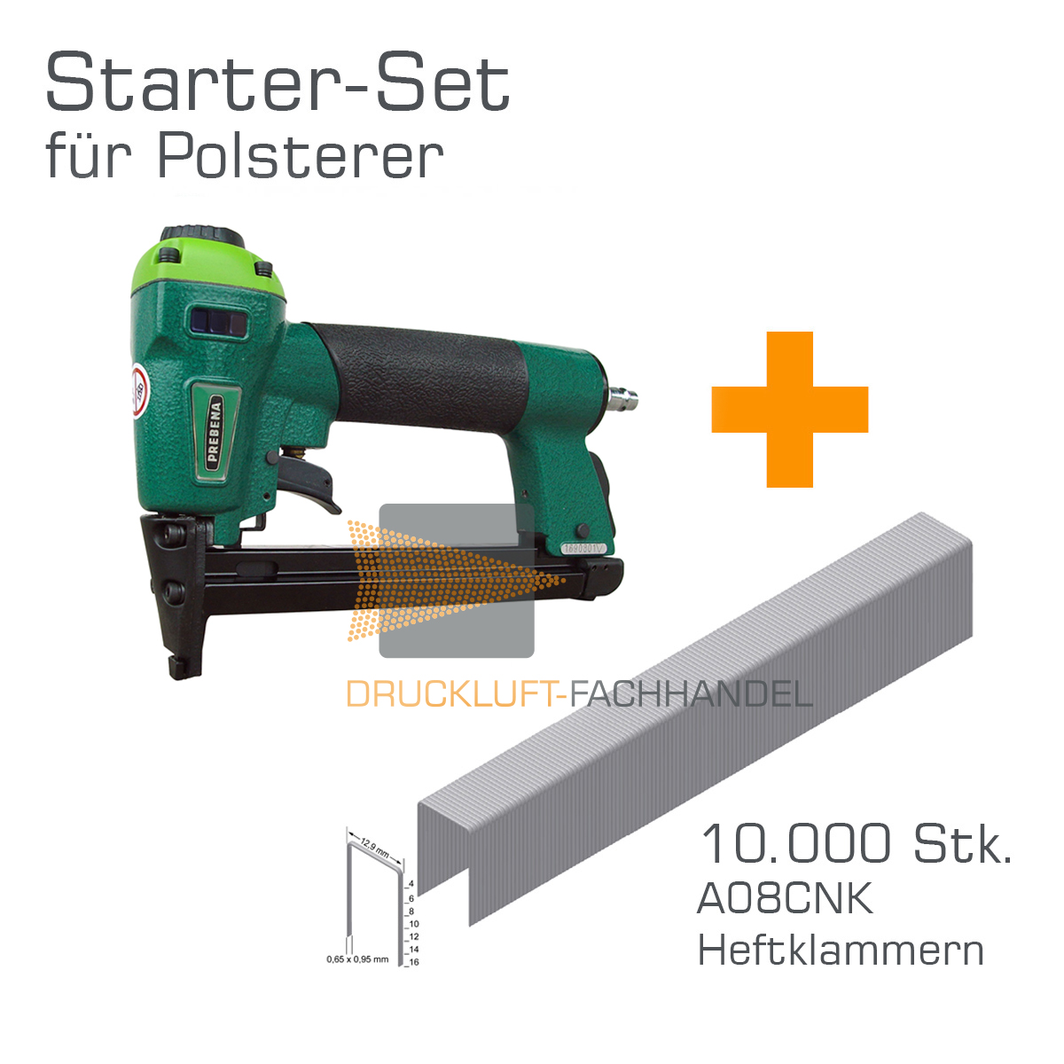 AKTION Prebena Druckluftnagler 1XR-A16 + 10.000 A08CNK Heftklammern - Starter-Set für Polsterer