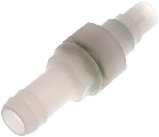 Kupplungsstecker (NW7,2) 13 (1/2") mm Schlauch, PVDF absperrend, beidseitig absperrend