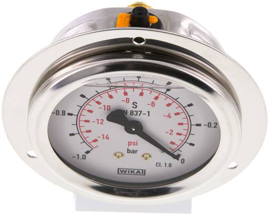 Glycerin-Einbaumanometer,Frontring, 63mm, -1 bis 0 bar