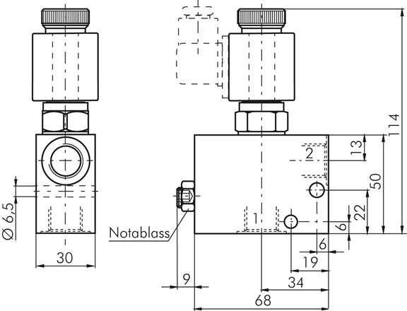 2/2-Wege Ventil, stromlos geschlossen (NC), beidseitig 24V=, 1/4", bis 250 bar (Aluminium)