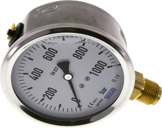 Glycerin-Manometer senkrecht (CrNi/Ms),100mm, 0 - 1000 bar