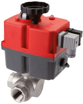 Elektr. 3-Wege-Kugelhahn (L), G 3/8", 24 bis 240 V (AC) / 24 bis 135 V (DC), Messing - PN40, DPS