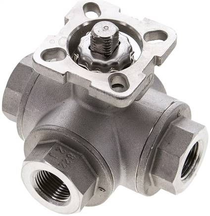 3-Wege-Kugelhahn, Direktmontageflansch G 3/8", T-Bohrung, Edelstahl 1.4408