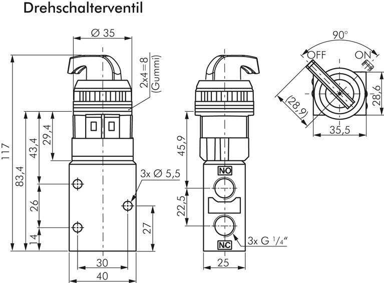 3/2-Wege Ventil G 1/4", Drehschalter schwarz