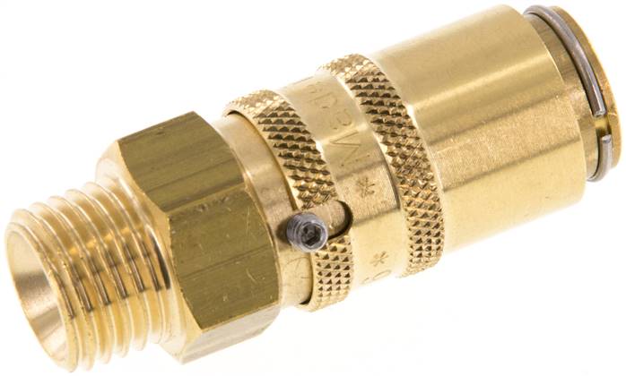 Temperier-Schnellkupplung 9mm Zapfen,M 14x1,5(AG), Messing, für Stecker beidseitig absperrend mit Entriegelungssicherung