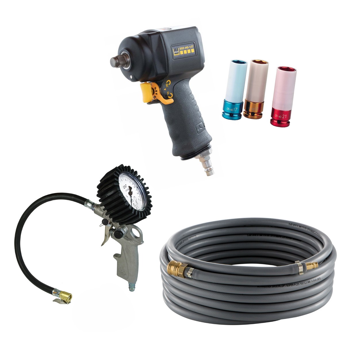 OFFERTA Schneider KFZ-SET: avvitatore a impulsi da 1/2" con bussole, set di gonfiaggio pneumatici e tubo da 5 m