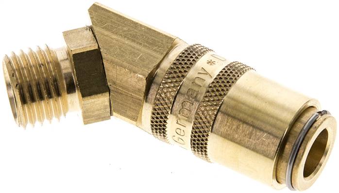 45°-Temperier-Schnellkupplung 9mm Zapfen,M 14x1,5(AG), Messing, für Stecker beidseitig absperrend