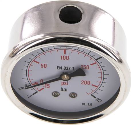Glycerin-Manometer waagerecht (CrNi/Ms),63mm, -1 bis 15bar -Eco-Line