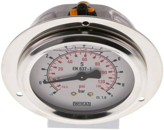 Glycerin-Einbaumanometer,Frontring, 63mm, -1 bis 9 bar