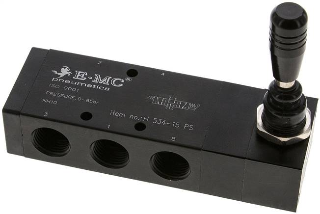 5/3-Wege Handhebelventil, G 1/2", Mittelstellung belüftet, Federrückstellung