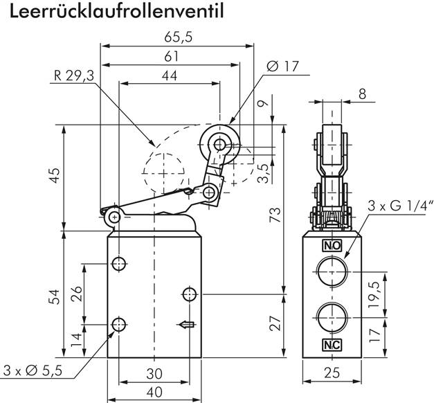 3/2-Wege Endschalter G 1/4", Stahl-Leerrücklaufrolle (kugelgelagert)