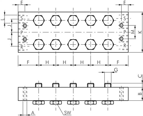 P-R-S-Leiste inkl. Hohlschrauben und Dichtungen für Ventilbaureihe M05 / P05 R 183/10
