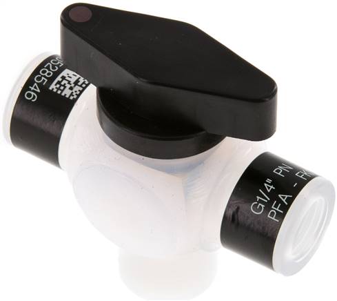 3-Wege Kugelhahn, PFA, G 1/4", PN 10, L-Bohrung (vertikal)