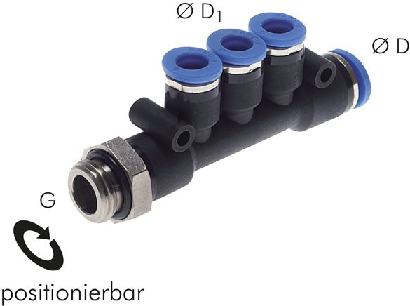 Steckanschluss-Mehrfachvert. G 1/8"-6mm-4mm, IQS-Standard 3 Abgänge