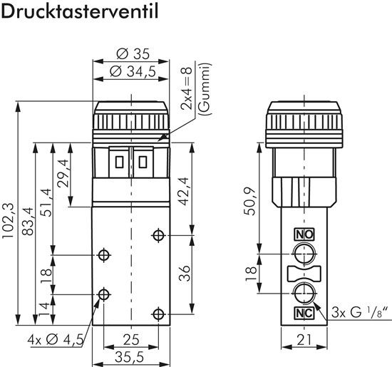 3/2-Wege Ventil G 1/8", Drucktaster rot