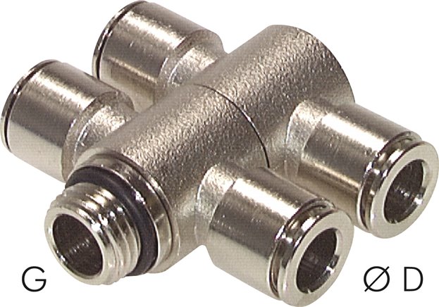 Kompakt-Steckanschluss, T-Stück, zweifach, MS vernickelt, Schlauch D 04 mm, Anschluss 1/8"