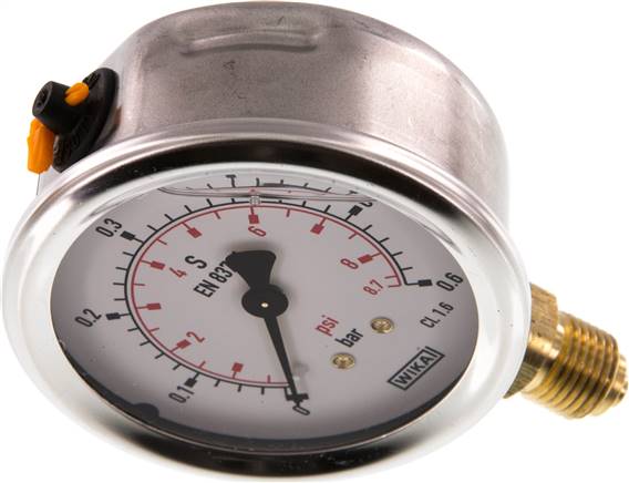 Glycerin-Manometer senkrecht (CrNi/Ms), 63mm, 0 - 0,6 bar