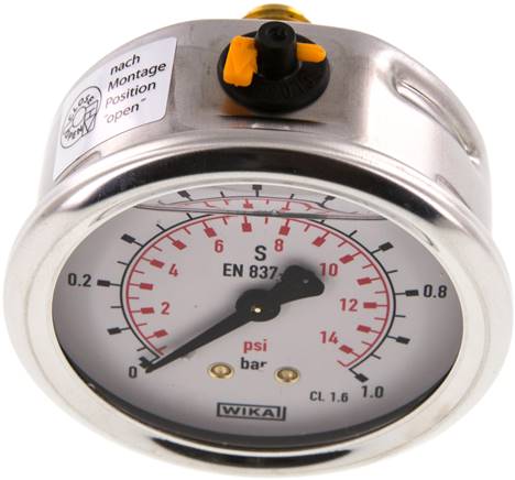 Glycerin-Manometer waagerecht (CrNi/Ms),63mm, 0 - 1bar