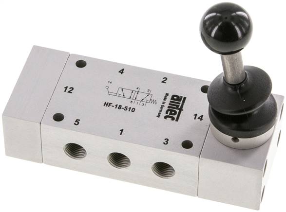 5/2-Wege Handhebelventil, Federrückstellung, G 1/8", Handhebel: Edelstahl