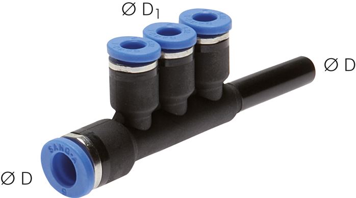 Steckanschluss-Mehrfachvert. 8mm-4mm, IQS-Standard, Steckanschluss 3 Abgänge