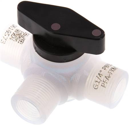 3-Wege Kugelhahn, PFA, G 1/4", PN 10, L-Bohrung (horizontal)