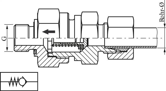 Hydraulik-Rückschlagventil 10 L (M16x1,5)-M 14x1,5, Stahl verzinkt, Durchfluss Rohr zu Gewinde