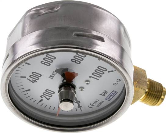 Manometer senkrecht (CrNi/Ms), 100mm, 0 - 1000 bar, mit rückstellbarem Schleppzeiger