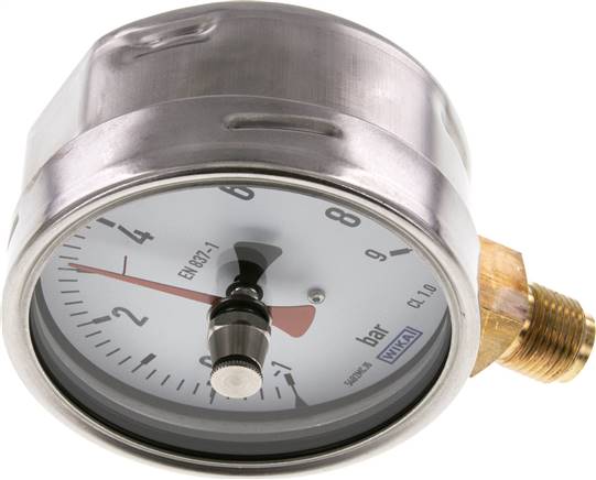 Manometer senkrecht (CrNi/Ms), 100mm, -1 bis 9 bar, mit rückstellbarem Schleppzeiger